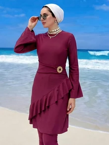 SHEIN Swim Women's New Burgundy Burkini Two Pieces Swimwear, Top Fashionable Maxi Dress Paired With Slim Fit Bottoms, Modest Beach Party Swimwear Set - Burgundy - View 1