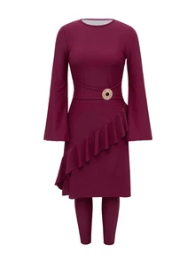SHEIN Swim Women's New Burgundy Burkini Two Pieces Swimwear, Top Fashionable Maxi Dress Paired With Slim Fit Bottoms, Modest Beach Party Swimwear Set - Burgundy - View 7