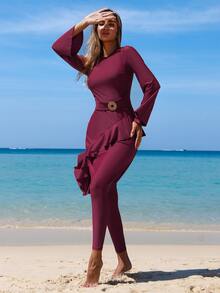 SHEIN Swim Women's New Burgundy Burkini Two Pieces Swimwear, Top Fashionable Maxi Dress Paired With Slim Fit Bottoms, Modest Beach Party Swimwear Set - Burgundy - View 6