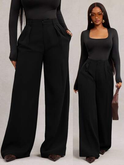 Radiana Pantaloni eleganti casual smart neri taglie forti a gamba larga con dettagli cerniera, pantaloni lunghi in tessuto tinta unita, formali per cena estiva e ufficio