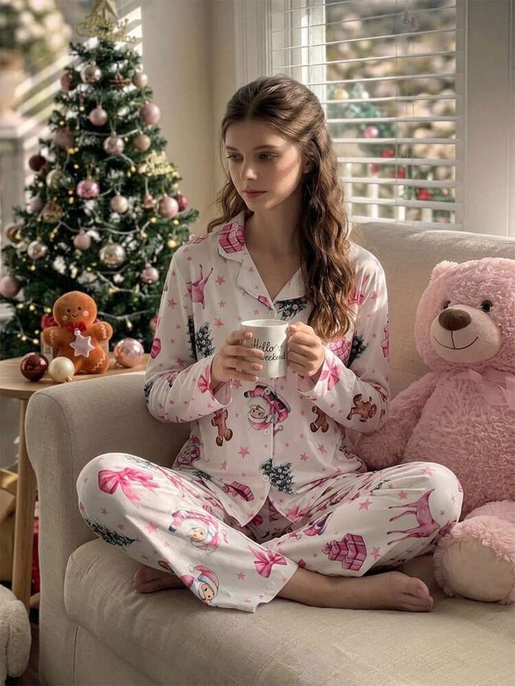 Teen Girl Autumn/Winter Pajamas 2pcs Bow Long Sleeve Pants Print Christmas Reindeer Gift Pink - Pink - View 4