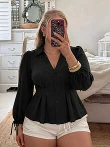 SHEIN MOD Women's Plus Size Elegant Long Sleeve Shirt, Fitted Waist Belt Puff Sleeve Blouse Fall - Black - View 7