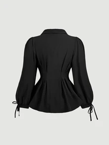 SHEIN MOD Women's Plus Size Elegant Long Sleeve Shirt, Fitted Waist Belt Puff Sleeve Blouse Fall - Black - View 3