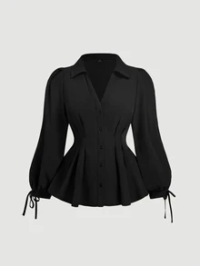 SHEIN MOD Women's Plus Size Elegant Long Sleeve Shirt, Fitted Waist Belt Puff Sleeve Blouse Fall - Black - View 2
