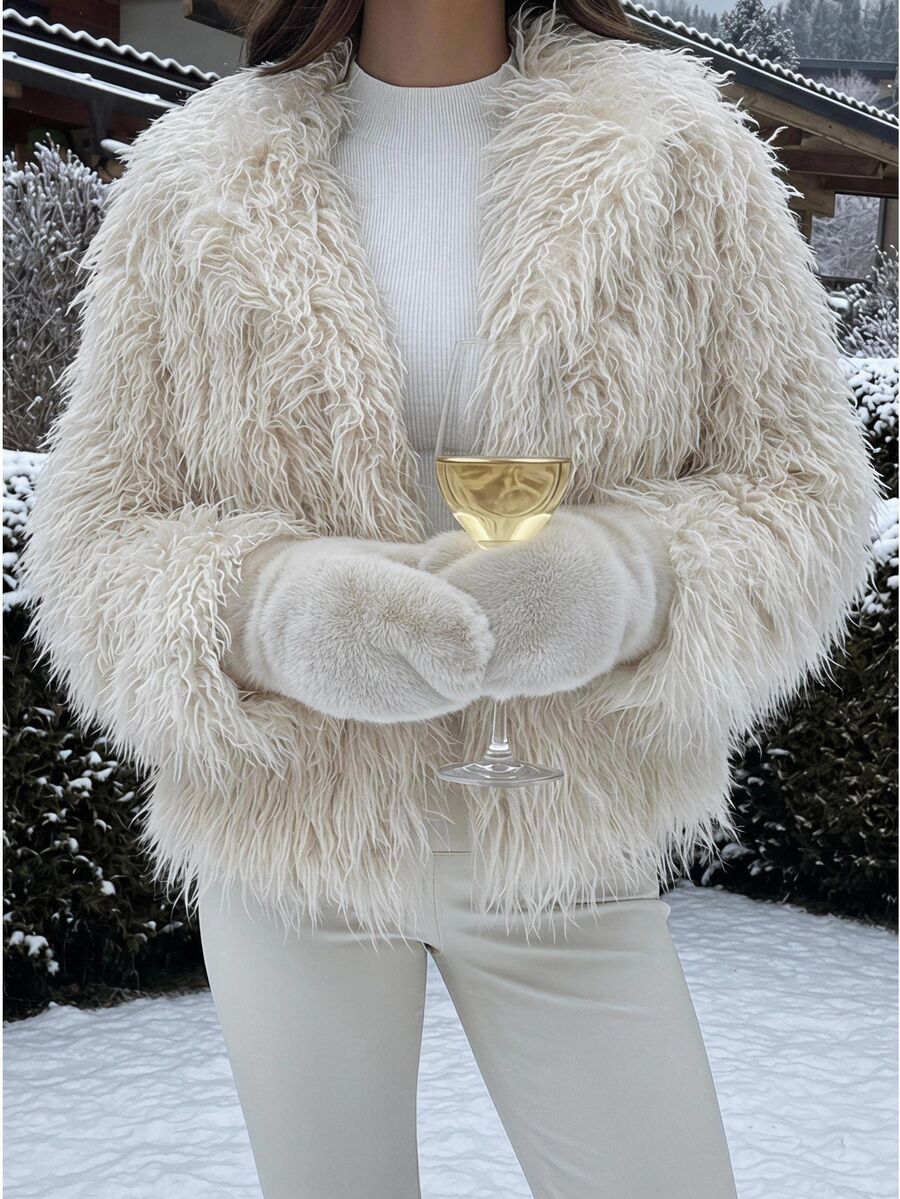 SHEIN EZwear Women's Solid Color Long Sleeve Autumn/Winter Faux Fur Coat - Grey - View 1