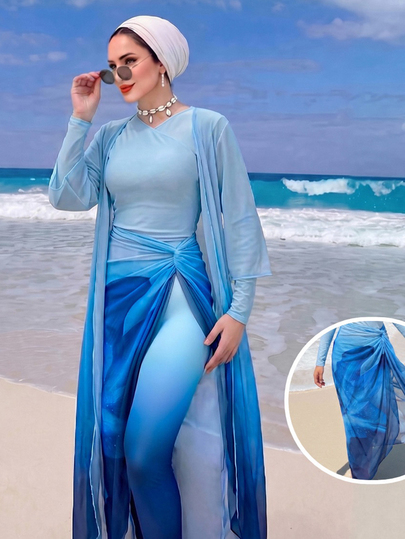 Swim Shayni Women's Solid Color Gradient Lily One-Piece Swimsuit, Shorts, Skirt And Robe Set, Suitable For Pool Party, Beach Vacation And Daily Wear, Summer Beach Women's Swimwear Set, Arabic Style, Women's Beachwear, Swimsuit Cover-Up, Long Dress