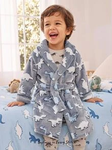 Cozy Pixies Kids Young Boy Casual Daily Comfortable Embroidered Dinosaur Pattern Plush Mid-Length Loungewear Robe Autumn Winter - Blue and White - View 1