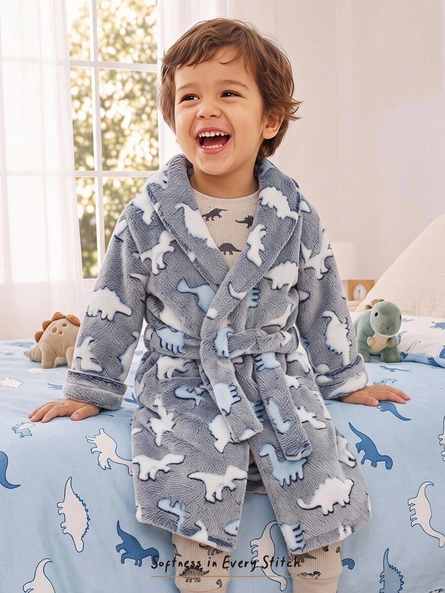 Cozy Pixies Kids Young Boy Casual Daily Comfortable Embroidered Dinosaur Pattern Plush Mid-Length Loungewear Robe Autumn Winter - Blue and White - View 1