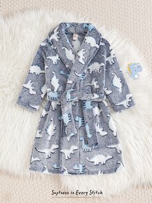 Cozy Pixies Kids Young Boy Casual Daily Comfortable Embroidered Dinosaur Pattern Plush Mid-Length Loungewear Robe Autumn Winter - Blue and White - View 7