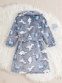 Cozy Pixies Kids Young Boy Casual Daily Comfortable Embroidered Dinosaur Pattern Plush Mid-Length Loungewear Robe Autumn Winter - Blue and White - View 2