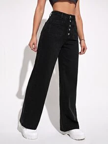 Rivivi Women's High Waist Button Washed Denim Jeans - Black - View 5