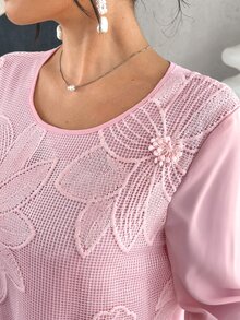 Yasmyna Pink Plaid 3D Floral Embroidered Long Sleeve Loose Waist Arabian Dress - Pink - View 9