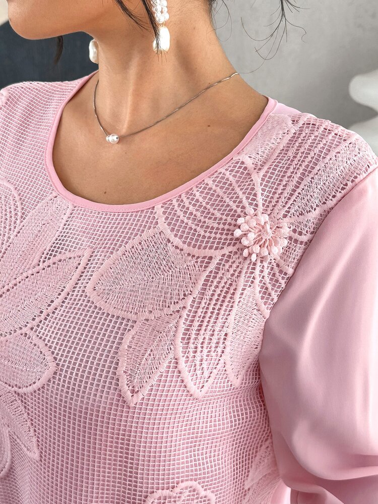 Yasmyna Pink Plaid 3D Floral Embroidered Long Sleeve Loose Waist Arabian Dress - Pink - View 8