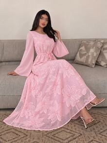 Yasmyna Pink Plaid 3D Floral Embroidered Long Sleeve Loose Waist Arabian Dress - Pink - View 4