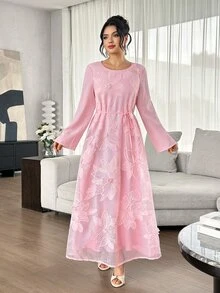 Yasmyna Pink Plaid 3D Floral Embroidered Long Sleeve Loose Waist Arabian Dress - Pink - View 7