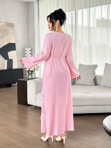 Yasmyna Pink Plaid 3D Floral Embroidered Long Sleeve Loose Waist Arabian Dress - Pink - View 3