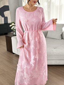 Yasmyna Pink Plaid 3D Floral Embroidered Long Sleeve Loose Waist Arabian Dress - Pink - View 5
