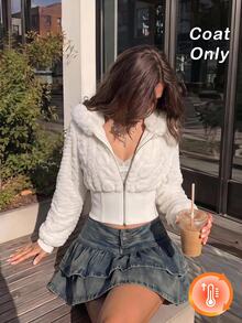 SHEIN MOD Women's Autumn/Winter Cute Fluffy Hooded Jacket, Everyday Travel White Concert Outfit Warm And Soft Going Out Tops New Year Christmas Halloween - White - View 3