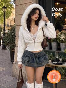 SHEIN MOD Women's Autumn/Winter Cute Fluffy Hooded Jacket, Everyday Travel White Concert Outfit Warm And Soft Going Out Tops New Year Christmas Halloween - White - View 2