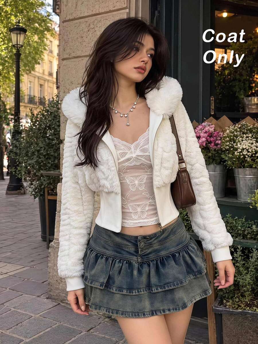 SHEIN MOD Women's Autumn/Winter Cute Fluffy Hooded Jacket, Everyday Travel White Concert Outfit Warm And Soft Going Out Tops New Year Christmas Halloween - White - View 1