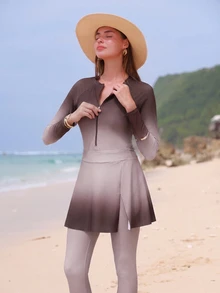 SHEIN Swim Ombre Modest Elegant Ladies' Vacation Swimwear Set - Coffee Brown - View 3