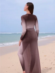 SHEIN Swim Ombre Modest Elegant Ladies' Vacation Swimwear Set - Coffee Brown - View 2