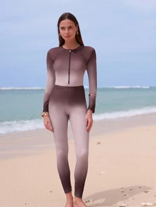 SHEIN Swim Ombre Modest Elegant Ladies' Vacation Swimwear Set - Coffee Brown - View 4