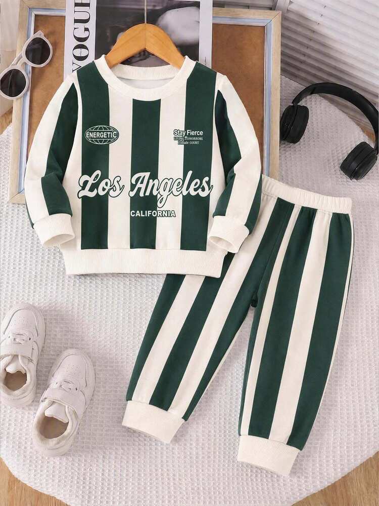 2pcs/Set Boys Sweatshirt Set, Casual Fashion Comfortable Sweatshirt Set, Letter Pattern Digital Print, Long Sleeve Top, Outfit, Autumn/Winter Wear, Boys Green Striped Beige Crew Neck Sweatshirt & Sweatpants Set - Multicolor - View 2
