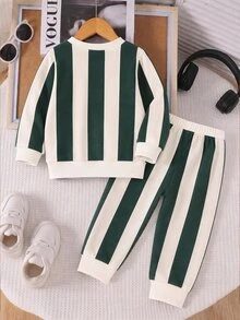 2pcs/Set Boys Sweatshirt Set, Casual Fashion Comfortable Sweatshirt Set, Letter Pattern Digital Print, Long Sleeve Top, Outfit, Autumn/Winter Wear, Boys Green Striped Beige Crew Neck Sweatshirt & Sweatpants Set - Multicolor - View 3