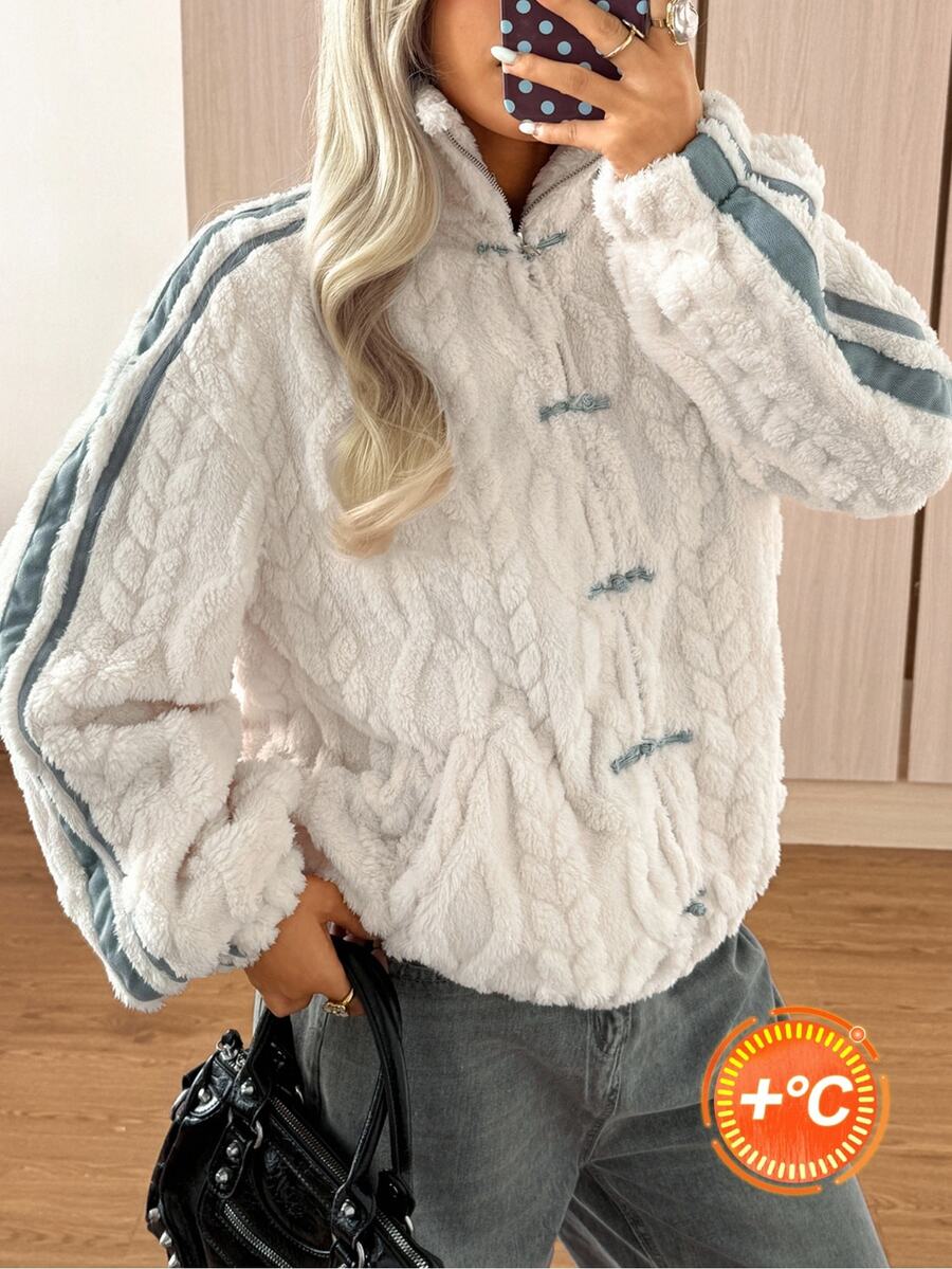 SHEIN EZwear Autumn/Winter American Casual Fuzzy Textured Frog Button Jacket - Apricot - View 1