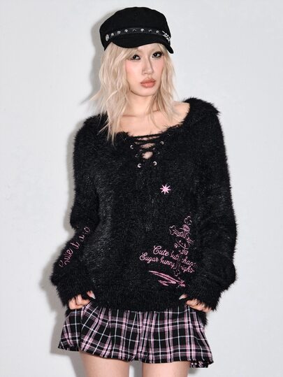 Kawaii Autumn/Winter Sweet Cool Girl Black Mohair Oversized Pink Rabbit Embroidered Women's Sweater