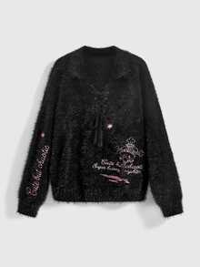 ROMWE Kawaii Autumn/Winter Sweet Cool Girl Black Mohair Oversized Pink Rabbit Embroidered Women's Sweater - Black - View 12