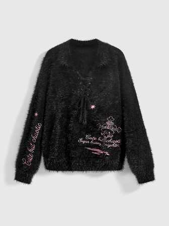 Kawaii Herbst/Winter süßes cooles Mädchen schwarzer Mohair Oversized rosa Kaninchen bestickter Damen Pullover