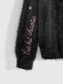 ROMWE Kawaii Autumn/Winter Sweet Cool Girl Black Mohair Oversized Pink Rabbit Embroidered Women's Sweater - Black - View 14