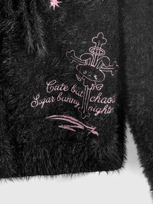 ROMWE Kawaii Autumn/Winter Sweet Cool Girl Black Mohair Oversized Pink Rabbit Embroidered Women's Sweater - Black - View 15