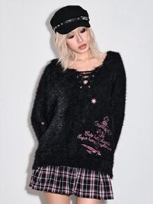 ROMWE Kawaii Autumn/Winter Sweet Cool Girl Black Mohair Oversized Pink Rabbit Embroidered Women's Sweater - Black - View 9