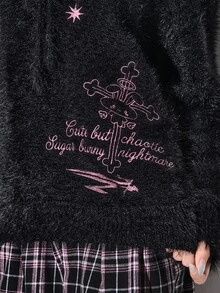 ROMWE Kawaii Autumn/Winter Sweet Cool Girl Black Mohair Oversized Pink Rabbit Embroidered Women's Sweater - Black - View 17