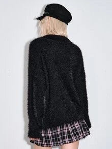 ROMWE Kawaii Autumn/Winter Sweet Cool Girl Black Mohair Oversized Pink Rabbit Embroidered Women's Sweater - Black - View 11