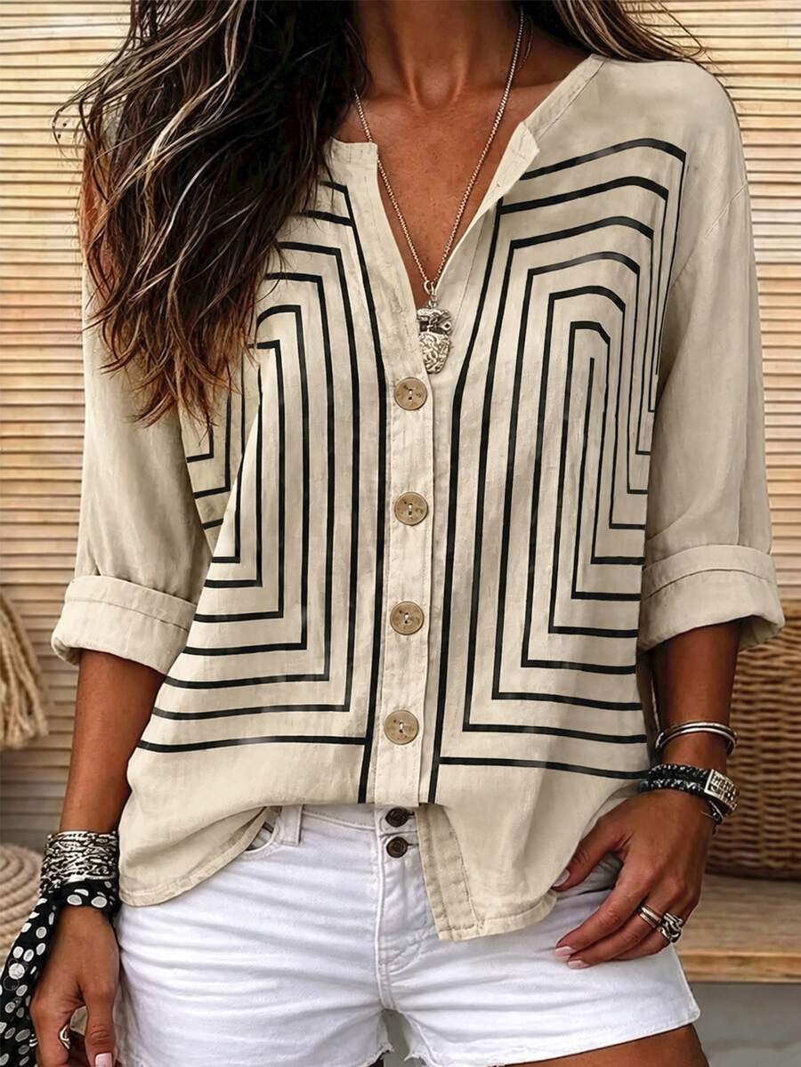 Bytebia Bytebia Women's Fashion Casual Regular Fit Long Sleeve Shirt With Line Digital Print - Multicolor - View 1