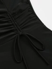 SHEIN Swim 镂空花卉印花纯色抽绳中长款吊带泳衣 - 黑色 - 查看 7