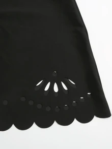 SHEIN Swim 镂空花卉印花纯色抽绳中长款吊带泳衣 - 黑色 - 查看 6