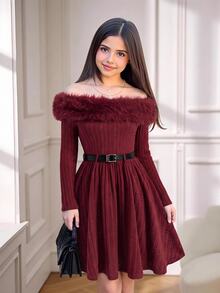 SHEIN Tween女孩秋冬露肩人造毛飾邊收腰優雅派對節日紅色長袖羅紋針織洋裝 - 酒紅色 - 查看 6