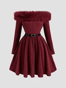SHEIN Tween女孩秋冬露肩人造毛飾邊收腰優雅派對節日紅色長袖羅紋針織洋裝 - 酒紅色 - 查看 2