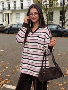 Comfortcana 女款秋冬保暖內裡拼色貼條刺繡寬鬆版型 Polo 領運動衫，休閒旅行風，粉色條紋與棕色調 - 彩色 - 查看 7