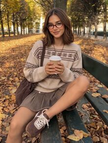 Comfortcana 女款拼色休閒復古百搭日常穿著長袖針織衫 秋季衣物 2000年代風格 工作日常旅行上衣 米色 - 卡其色 - 查看 1