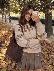 Comfortcana 女款拼色休閒復古百搭日常穿著長袖針織衫 秋季衣物 2000年代風格 工作日常旅行上衣 米色 - 卡其色 - 查看 6