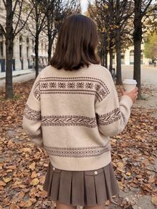 Comfortcana 女款拼色休閒復古百搭日常穿著長袖針織衫 秋季衣物 2000年代風格 工作日常旅行上衣 米色 - 卡其色 - 查看 2