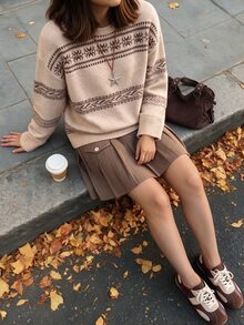 Comfortcana 女款拼色休閒復古百搭日常穿著長袖針織衫 秋季衣物 2000年代風格 工作日常旅行上衣 米色 - 卡其色 - 查看 4