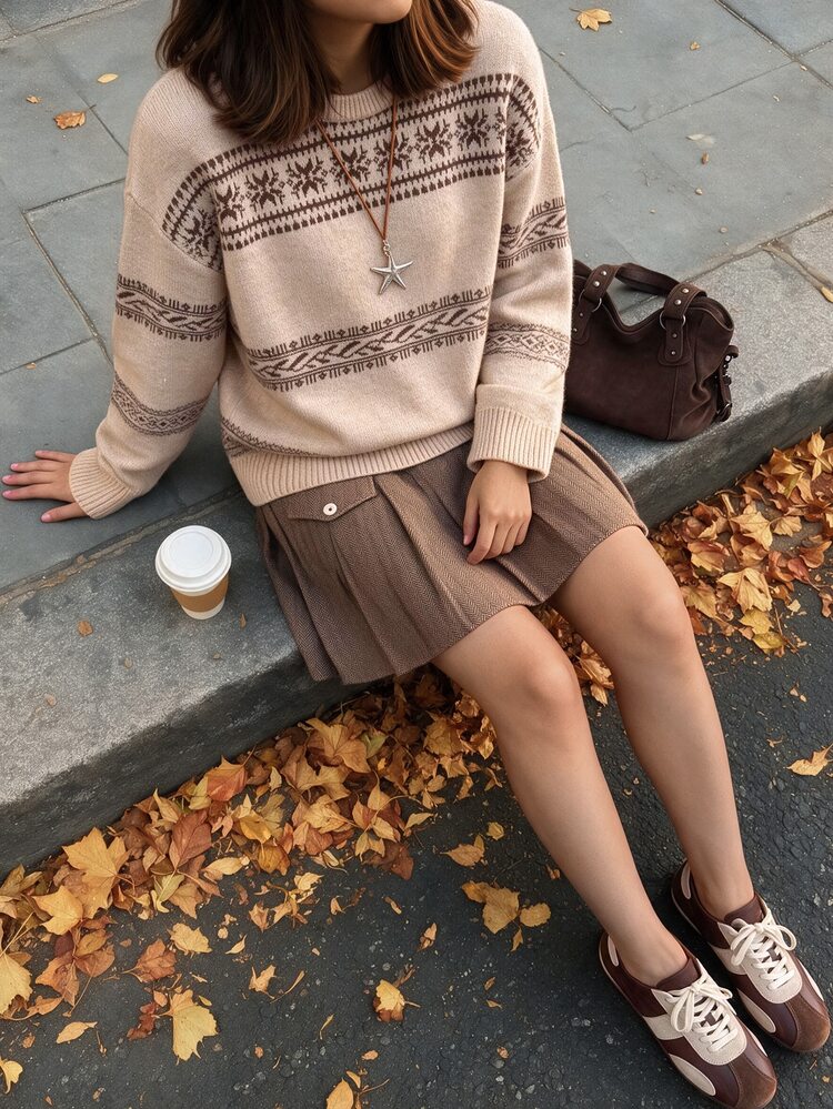 Comfortcana 女款拼色休閒復古百搭日常穿著長袖針織衫 秋季衣物 2000年代風格 工作日常旅行上衣 米色 - 卡其色 - 查看 4