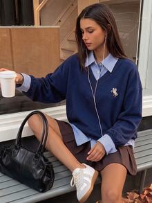 Comfortcana Women's 2-In-1 Shirt Collar Striped Sweater, Preppy Urban Renaissance Street Style, Casual Fashion Creative Personalized Streetwear Work Tops - Navy Blue - View 2